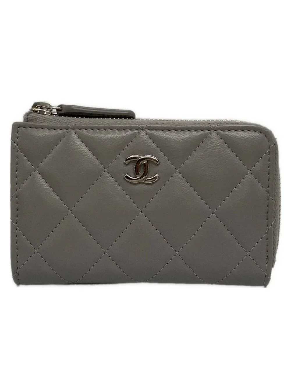 Chanel Coin Case Quilted Gray CC Logo Silver L-shaped Zipper with Key Ring